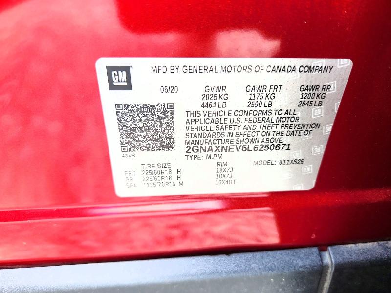 Aukcja sprzedaży 2020 Chevrolet Equinox, vin: 2GNAXNEV6L6250671, numer aukcji: 57234026