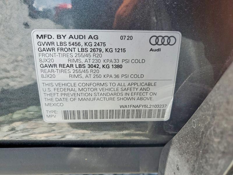 2020 Audi Q5 მანქანა იყიდება აუქციონზე, vin: WA1FNAFY5L2103237, აუქციონის ნომერი: 57320446
