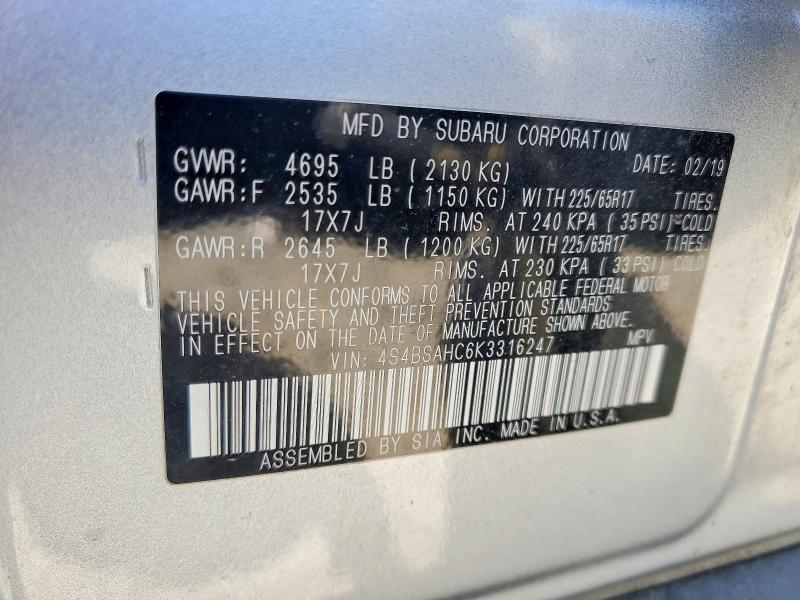 Продажа на аукционе авто 2019 Subaru Outback, vin: 4S4BSAHC6K3316247, номер лота: 56571596