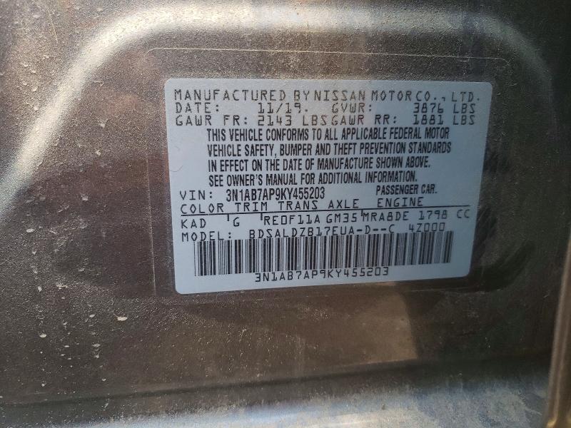 2019 Nissan Sentra მანქანა იყიდება აუქციონზე, vin: 3N1AB7AP9KY455203, აუქციონის ნომერი: 56375396