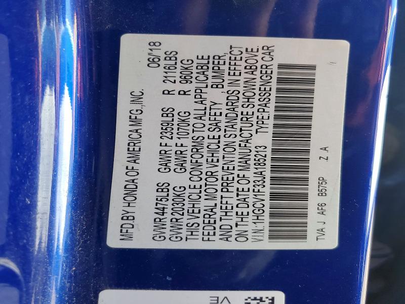 Продаж на аукціоні авто 2018 Honda Accord, vin: 1HGCV1F33JA185213, номер лоту: 57075556