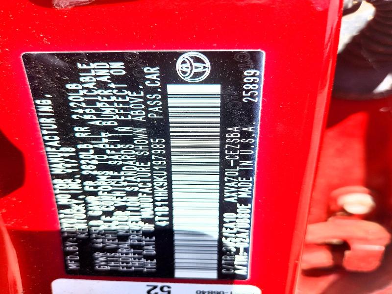 2019 Toyota Camry მანქანა იყიდება აუქციონზე, vin: 4T1B11HK9KU197985, აუქციონის ნომერი: 55850366