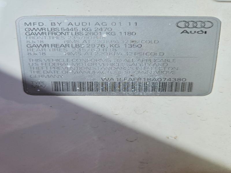 2011 Audi Q5 მანქანა იყიდება აუქციონზე, vin: WA1LFAFP1BA074380, აუქციონის ნომერი: 55734346