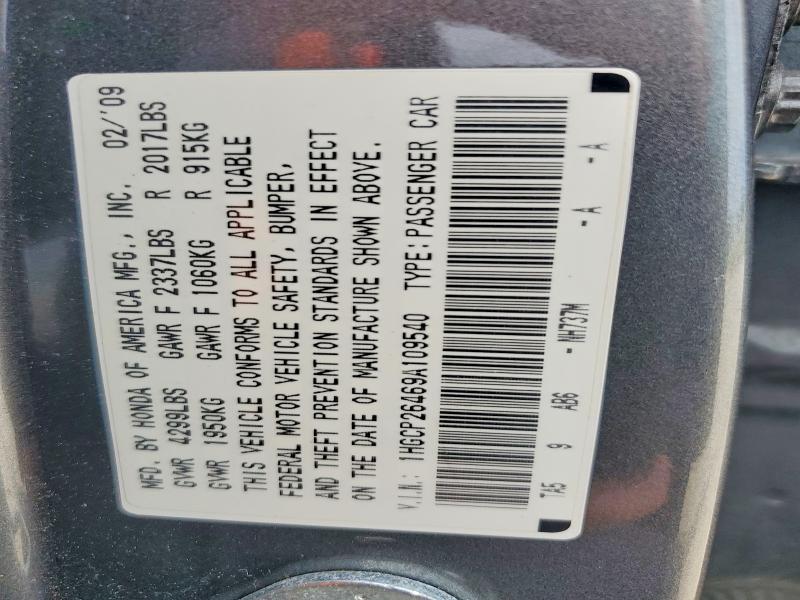 56038736 :رقم المزاد ، 1HGCP26469A109540 vin ، 2009 Honda Accord مزاد بيع