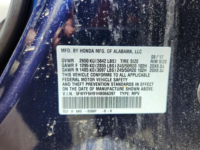 56057556 :رقم المزاد ، 5FNYF6H91HB066397 vin ، 2017 Honda Pilot مزاد بيع
