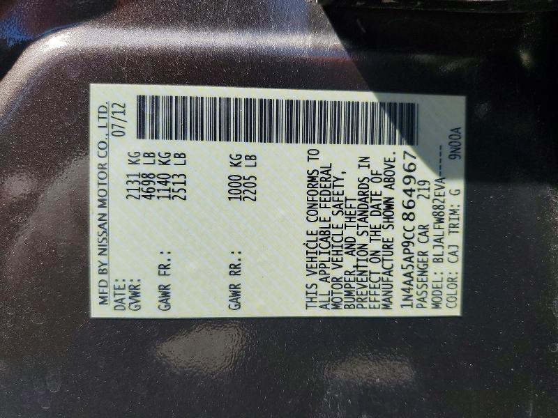 Продажа на аукционе авто 2012 Nissan Maxima, vin: 1N4AA5AP9CC864967, номер лота: 57653276