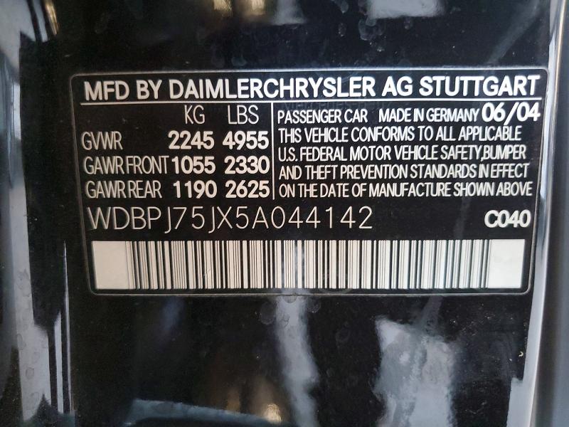56637556 :رقم المزاد ، WDBPJ75JX5A044142 vin ، 2005 Mercedes-benz Cl مزاد بيع