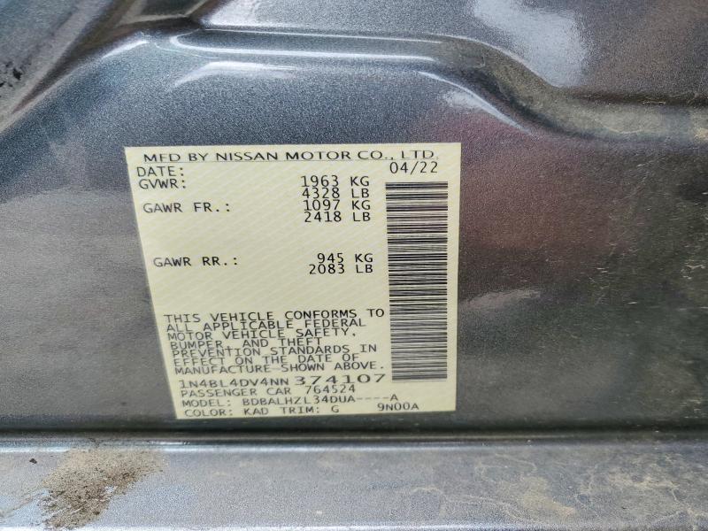 Продаж на аукціоні авто 2022 Nissan Altima, vin: 1N4BL4DV4NN374107, номер лоту: 55829046
