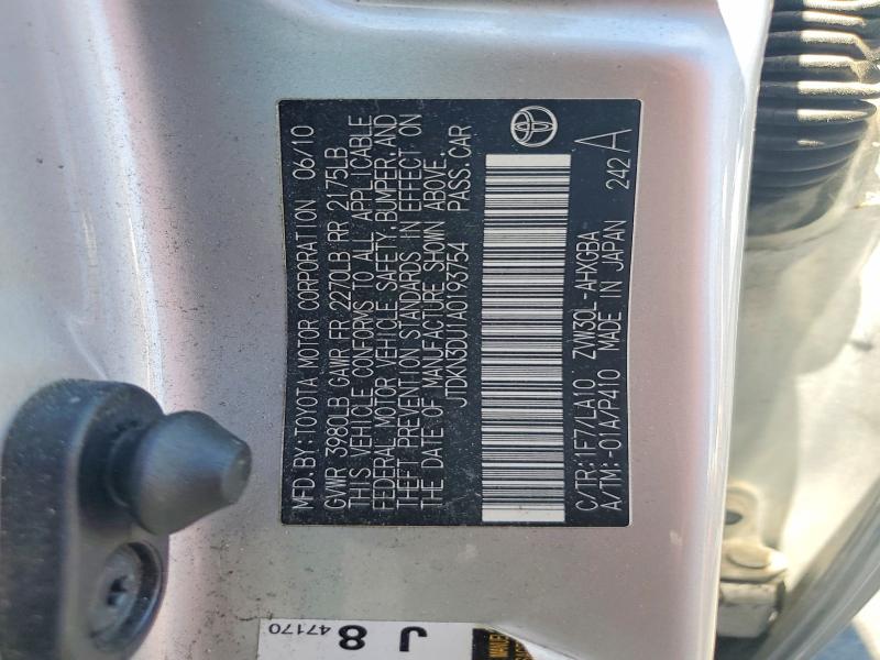 55467806 :رقم المزاد ، JTDKN3DU1A0193754 vin ، 2010 Toyota Prius مزاد بيع
