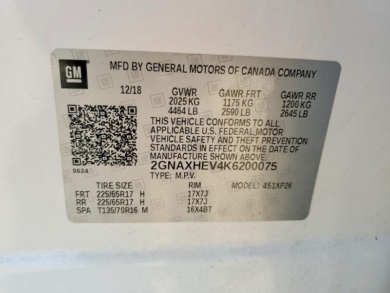 Auction sale of the 2019 Chevrolet Equinox, vin: 2GNAXHEV4K6200075, lot number: 56315706