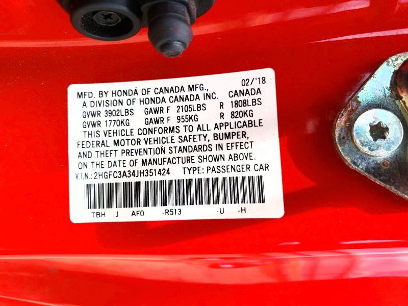 57531986 :رقم المزاد ، 2HGFC3A34JH351424 vin ، 2018 Honda Civic مزاد بيع