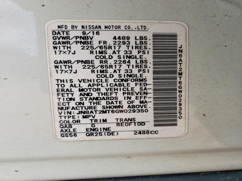 56453326 :رقم المزاد ، JN8AT2MT6GW029350 vin ، 2016 Nissan Rogue مزاد بيع