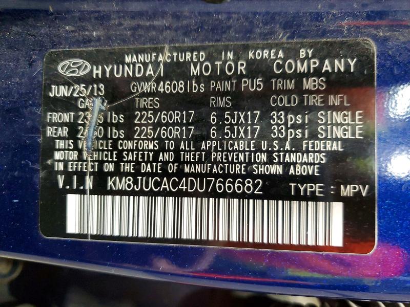 57473466 :رقم المزاد ، KM8JUCAC4DU766682 vin ، 2013 Hyundai Tucson مزاد بيع