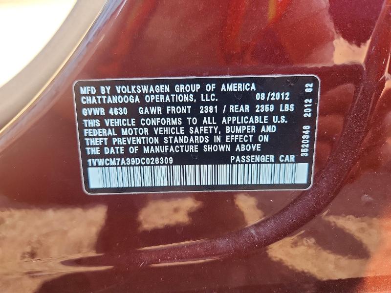 2013 Volkswagen Passat მანქანა იყიდება აუქციონზე, vin: 1VWCM7A39DC026309, აუქციონის ნომერი: 58408296