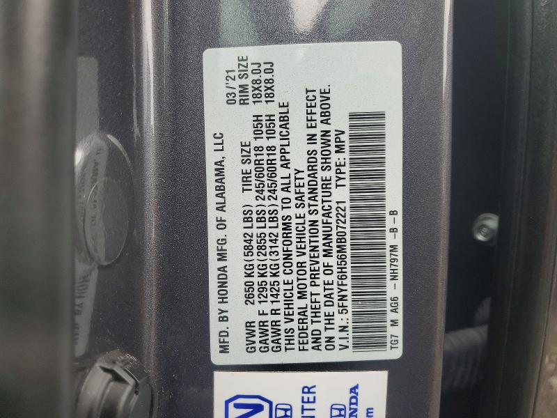 2021 Honda Pilot მანქანა იყიდება აუქციონზე, vin: 5FNYF6H56MB072221, აუქციონის ნომერი: 58406816