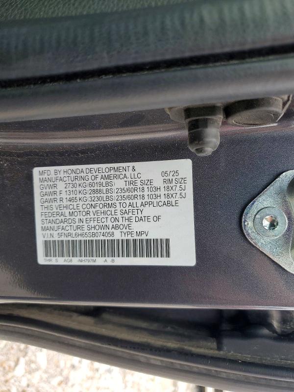 58069416 :رقم المزاد ، 5FNRL6H65SB074058 vin ، 2025 Honda Odyssey مزاد بيع