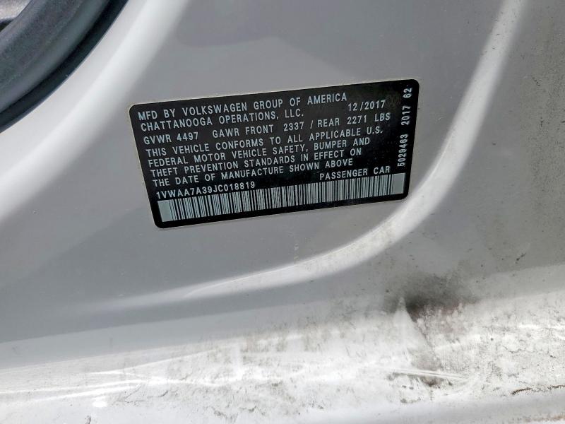 2018 Volkswagen Passat მანქანა იყიდება აუქციონზე, vin: 1VWAA7A39JC018819, აუქციონის ნომერი: 58050906