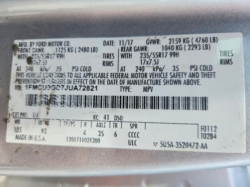 Aukcja sprzedaży 2018 Ford Escape, vin: 1FMCU9GD7JUA72821, numer aukcji: 55977386