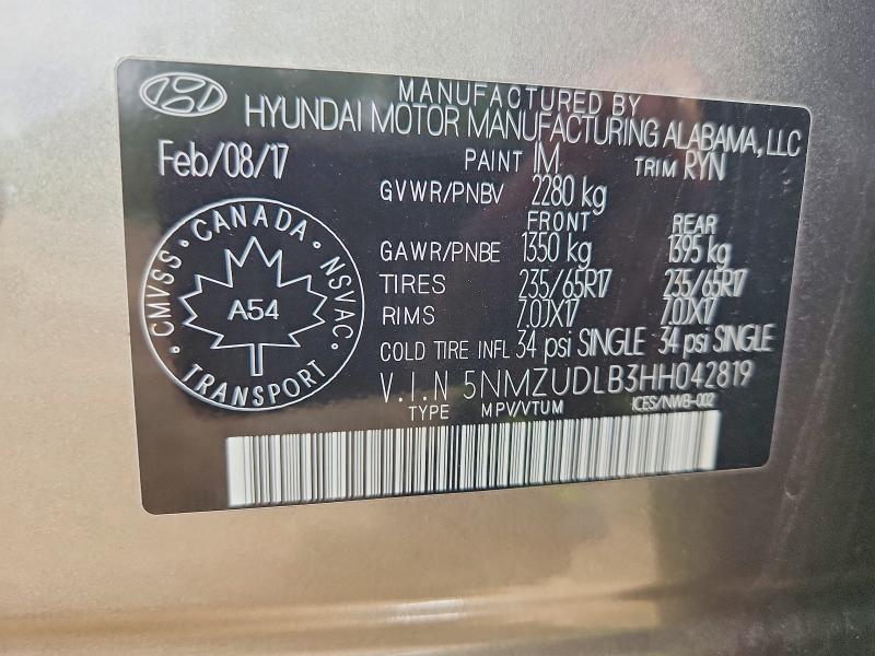 2017 Hyundai Santa Fe მანქანა იყიდება აუქციონზე, vin: 5NMZUDLB3HH042819, აუქციონის ნომერი: 55608166