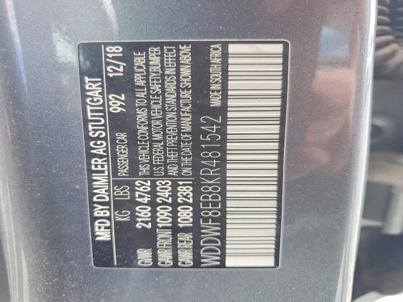 55940466 :رقم المزاد ، WDDWF8EB8KR481542 vin ، 2019 Mercedes-benz C مزاد بيع