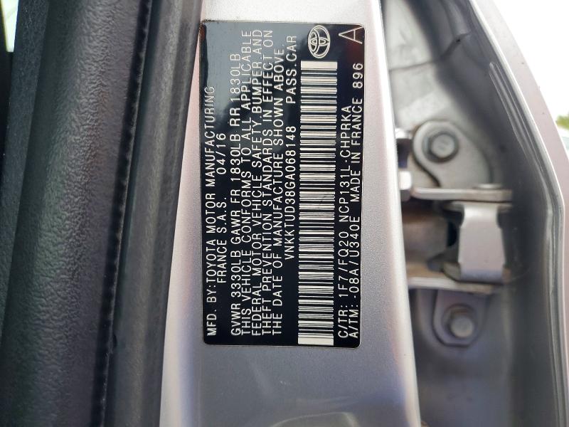 Aukcja sprzedaży 2016 Toyota Yaris, vin: VNKKTUD38GA068148, numer aukcji: 58252216
