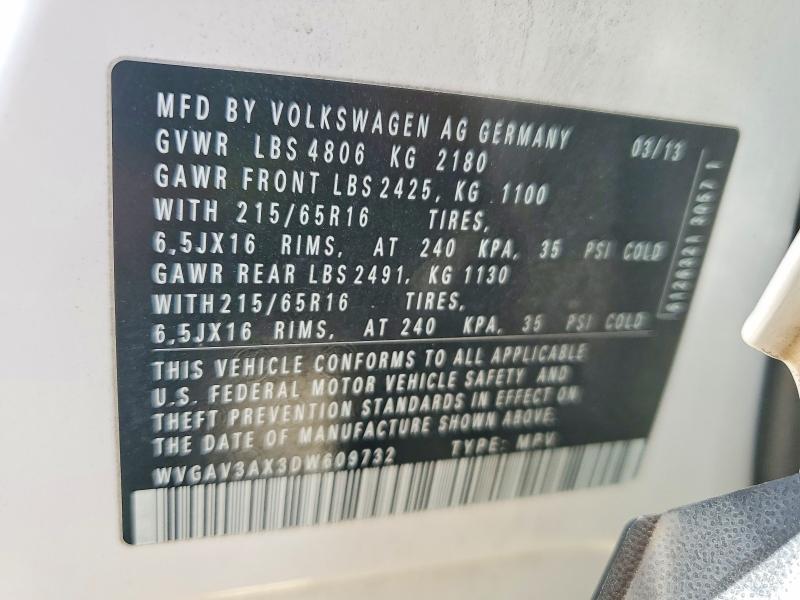57148936 :رقم المزاد ، WVGAV3AX3DW609732 vin ، 2013 Volkswagen Tiguan مزاد بيع