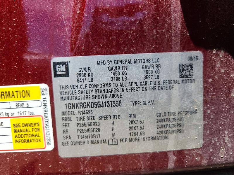 2016 Chevrolet Traverse მანქანა იყიდება აუქციონზე, vin: 1GNKRGKD5GJ137356, აუქციონის ნომერი: 55627166