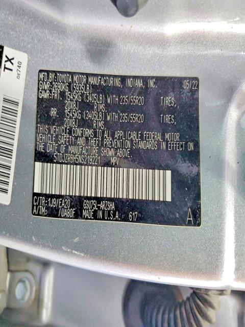 56696096 :رقم المزاد ، 5TDJZRBH5NS219221 vin ، 2022 Toyota Highlander مزاد بيع