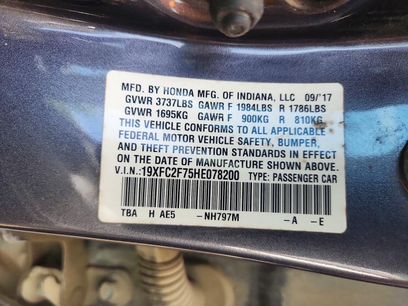Продаж на аукціоні авто 2017 Honda Civic, vin: 19XFC2F75HE078200, номер лоту: 56124466