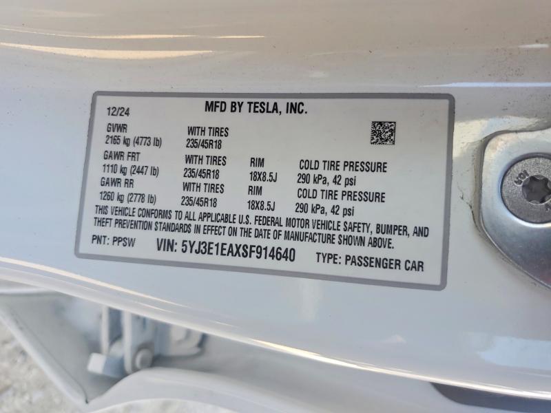 57853476 :رقم المزاد ، 5YJ3E1EAXSF914640 vin ، 2025 Tesla Model 3 مزاد بيع