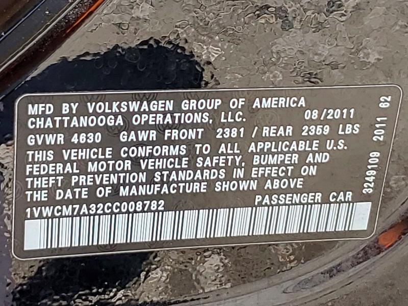 2012 Volkswagen Passat მანქანა იყიდება აუქციონზე, vin: 1VWCM7A32CC008782, აუქციონის ნომერი: 57213836
