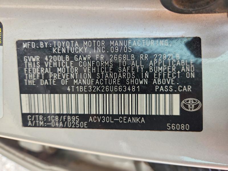 56792326 :رقم المزاد ، 4T1BE32K26U663481 vin ، 2006 Toyota Camry مزاد بيع