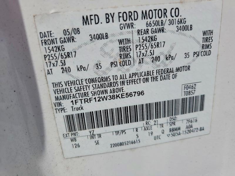 2008 Ford F150 მანქანა იყიდება აუქციონზე, vin: 1FTRF12W38KE56796, აუქციონის ნომერი: 55553546