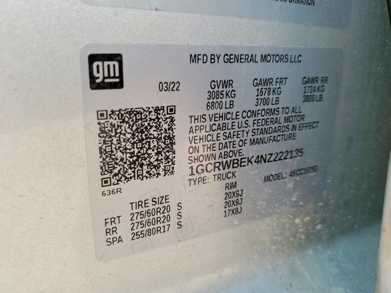 Продажа на аукционе авто 2022 Chevrolet Silverado Ltd, vin: 1GCRWBEK4NZ222135, номер лота: 58399806