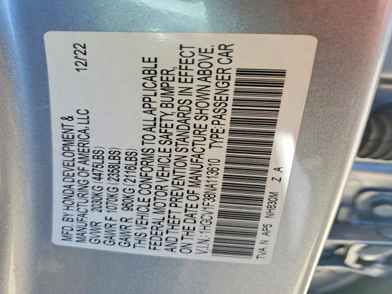 56114916 :رقم المزاد ، 1HGCV1F38NA113610 vin ، 2022 Honda Accord مزاد بيع
