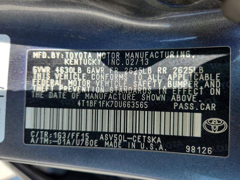 2013 Toyota Camry მანქანა იყიდება აუქციონზე, vin: 4T1BF1FK7DU663565, აუქციონის ნომერი: 56890276