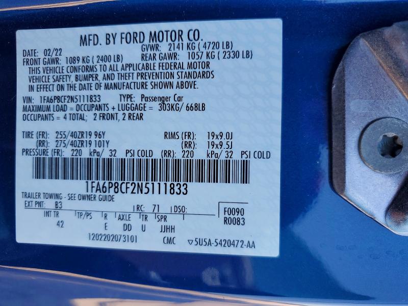 57541026 :رقم المزاد ، 1FA6P8CF2N5111833 vin ، 2022 Ford Mustang مزاد بيع