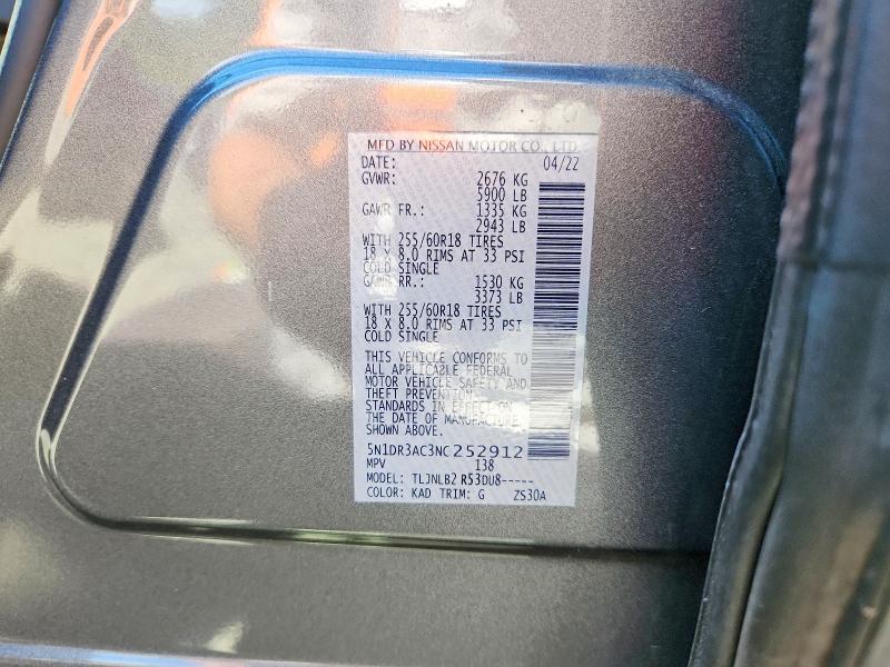 Aukcja sprzedaży 2022 Nissan Pathfinder, vin: 5N1DR3AC3NC252912, numer aukcji: 58305636