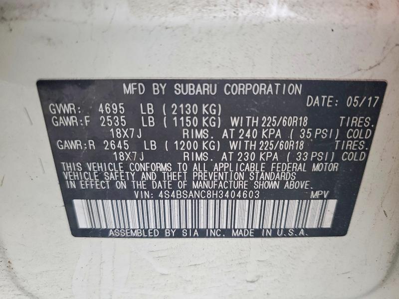 2017 Subaru Outback მანქანა იყიდება აუქციონზე, vin: 4S4BSANC8H3404603, აუქციონის ნომერი: 57749176