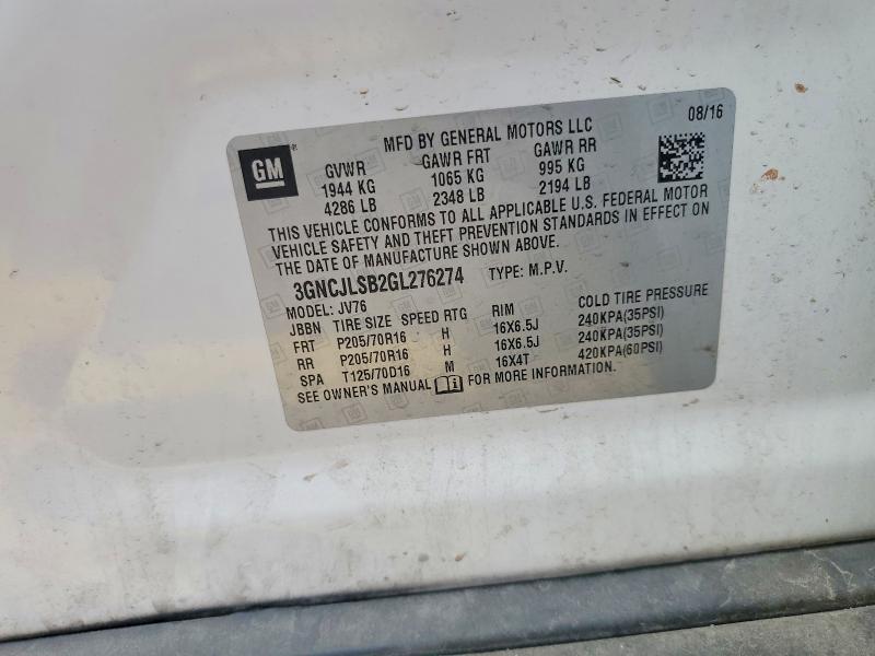 2016 Chevrolet Trax მანქანა იყიდება აუქციონზე, vin: 3GNCJLSB2GL276274, აუქციონის ნომერი: 58742896