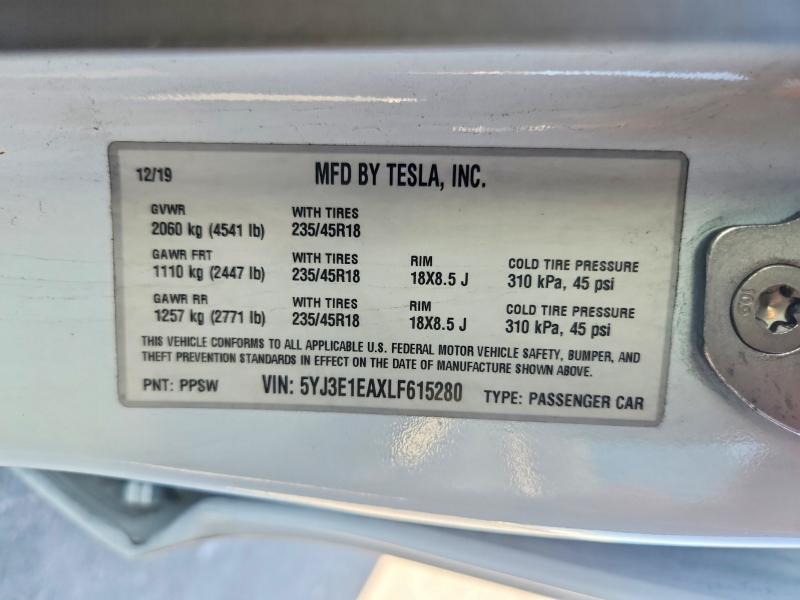 57092946 :رقم المزاد ، 5YJ3E1EAXLF615280 vin ، 2020 Tesla Model 3 مزاد بيع