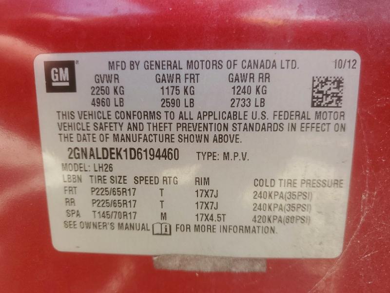 57602136 :رقم المزاد ، 2GNALDEK1D6194460 vin ، 2013 Chevrolet Equinox مزاد بيع