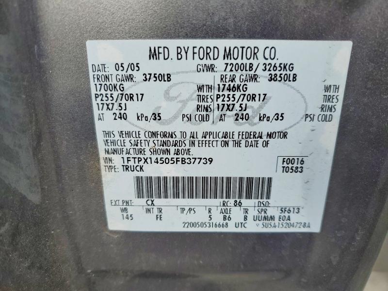 2005 Ford F150 მანქანა იყიდება აუქციონზე, vin: 1FTPX14505FB37739, აუქციონის ნომერი: 57743436