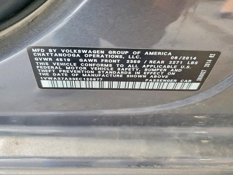 58160656 :رقم المزاد ، 1VWAS7A33EC120877 vin ، 2014 Volkswagen Passat مزاد بيع