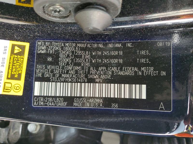 56418486 :رقم المزاد ، 5TDJZRFH9KS614878 vin ، 2019 Toyota Highlander مزاد بيع