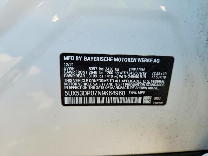 Aukcja sprzedaży 2022 Bmw X3, vin: 5UX53DP07N9K64960, numer aukcji: 56170816