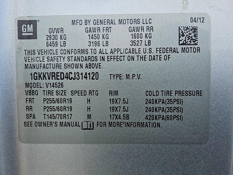 Aukcja sprzedaży 2012 Gmc Acadia, vin: 1GKKVRED4CJ314120, numer aukcji: 55919516