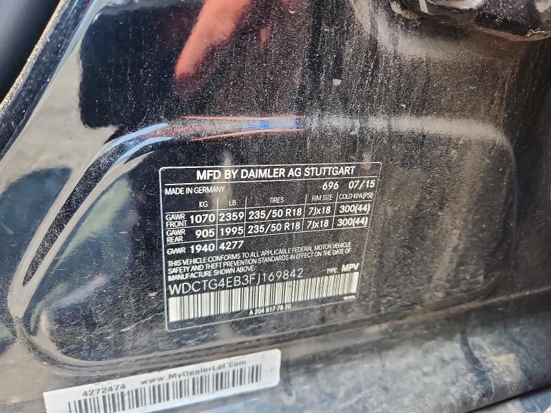 2015 Mercedes-benz Gla მანქანა იყიდება აუქციონზე, vin: WDCTG4EB3FJ169842, აუქციონის ნომერი: 59116996