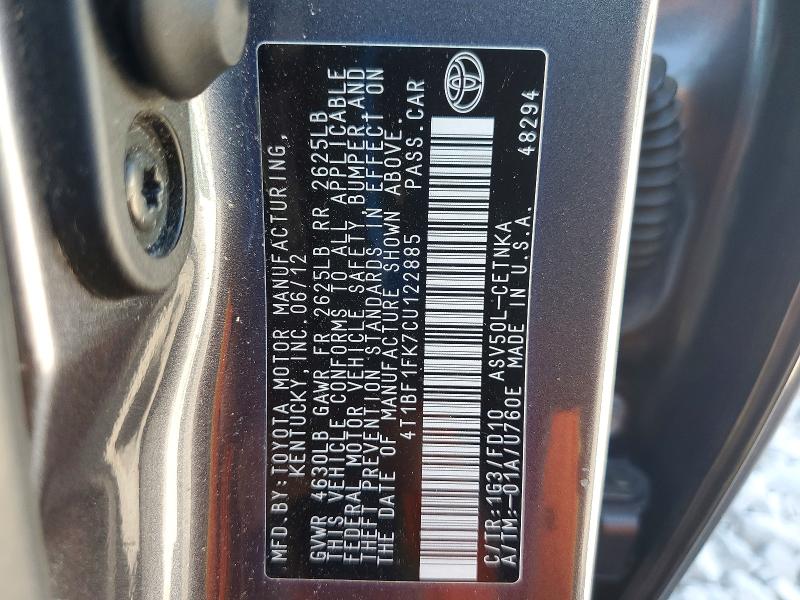2012 Toyota Camry მანქანა იყიდება აუქციონზე, vin: 4T1BF1FK7CU122885, აუქციონის ნომერი: 55757756