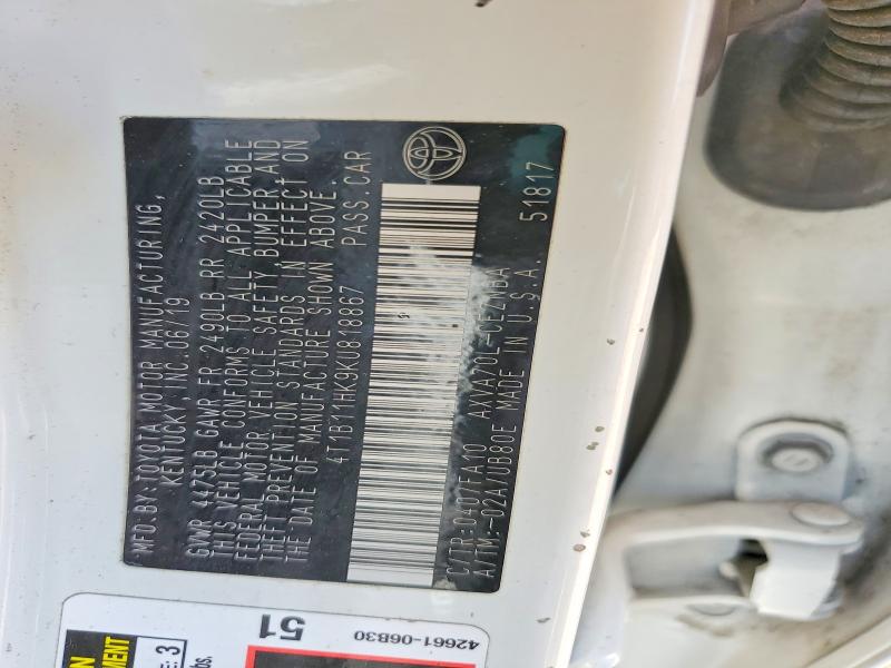 2019 Toyota Camry მანქანა იყიდება აუქციონზე, vin: 4T1B11HK9KU818867, აუქციონის ნომერი: 58392236
